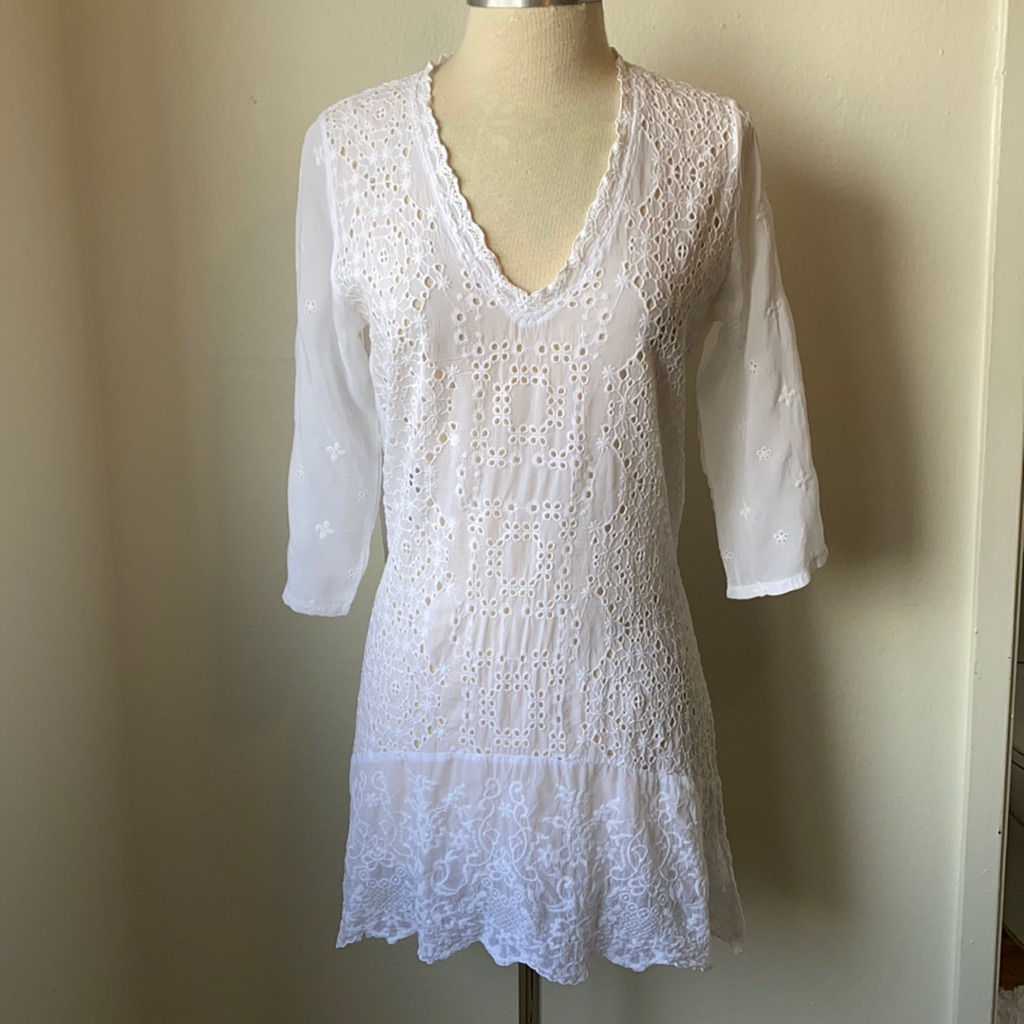 Johnny Was White Eyelet Long Sleeve Mini Dress Xs